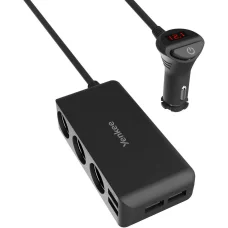 YENKEE YAC 450 autós töltőadapter 4x USB-A és 3x 12 V kimenettel, LED-kijelzővel, 100 cm kábellel