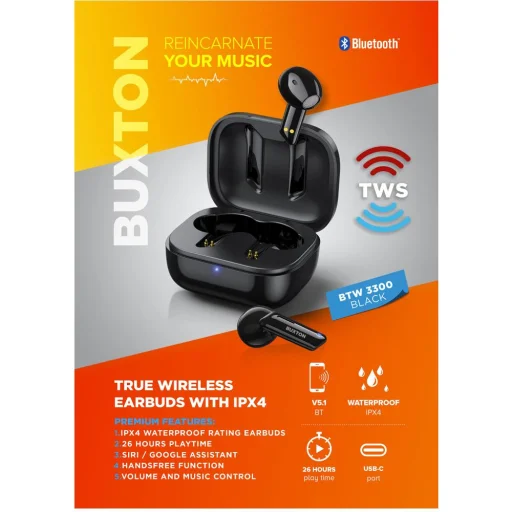 Buxton BTW 3300 Black TWS Bluetooth fülhallgató IPX6 töltőtokkal - 16