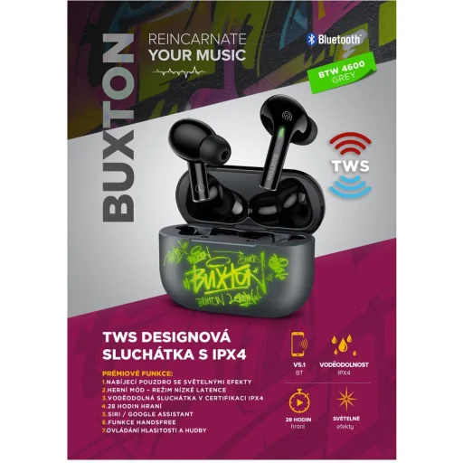 Buxton BTW 4600 Grey TWS Bluetooth slúchadlá s nabíjacím puzdrom, sivé - 4