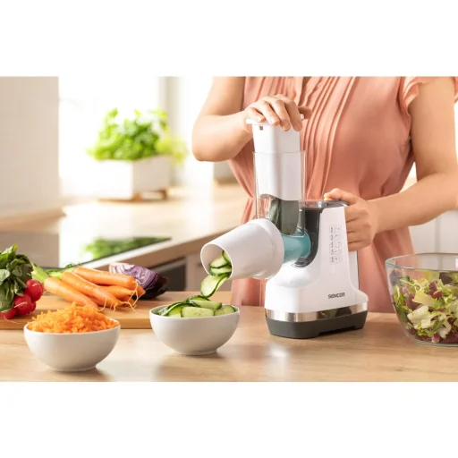SENCOR SSG 4500WH elektromos zöldség- és gyümölcsszeletelő 5 cserélhető tartozékkal, fehér - 14