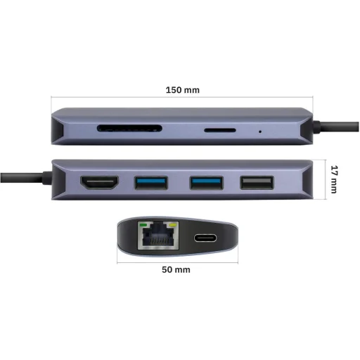 YENKEE YTC 081 USB-C 8 az 1-ben multiport hub, 4K HDMI, 100 W Power Delivery, Ethernet, ezüst/alumínium - 4