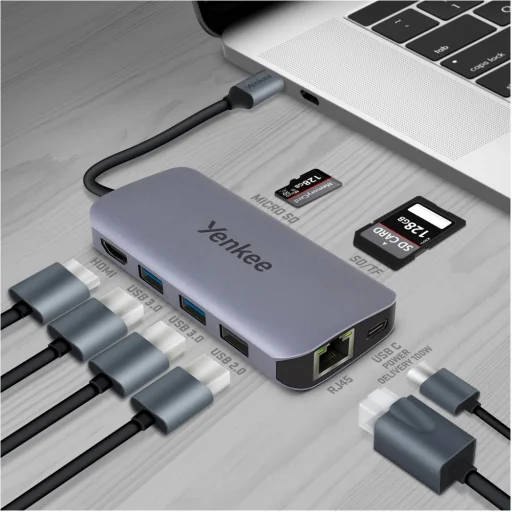 YENKEE YTC 081 USB-C 8 az 1-ben multiport hub, 4K HDMI, 100 W Power Delivery, Ethernet, ezüst/alumínium - 5