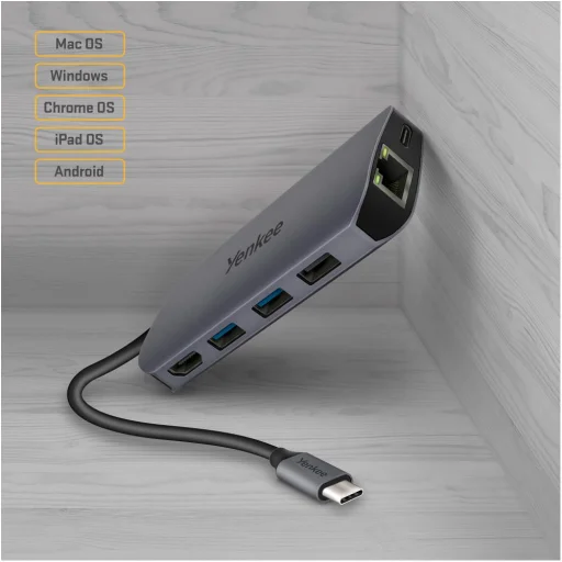 YENKEE YTC 081 USB-C 8 az 1-ben multiport hub, 4K HDMI, 100 W Power Delivery, Ethernet, ezüst/alumínium - 6