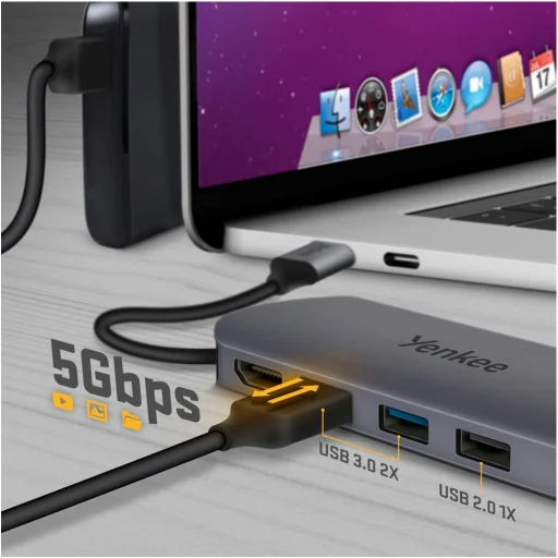 YENKEE YTC 081 USB-C 8 az 1-ben multiport hub, 4K HDMI, 100 W Power Delivery, Ethernet, ezüst/alumínium - 7
