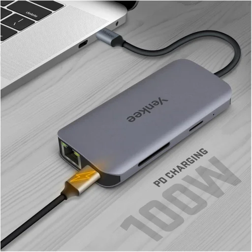 YENKEE YTC 081 USB-C 8 az 1-ben multiport hub, 4K HDMI, 100 W Power Delivery, Ethernet, ezüst/alumínium - 8