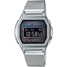 CASIO A1000M-1BEF unisex digitális karóra 39,6 mm ezüst nemesacél tokkal és szíjjal, fekete számlappal
