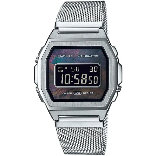 CASIO A1000M-1BEF unisex digitális karóra 39,6 mm ezüst nemesacél tokkal és szíjjal, fekete számlappal - 1