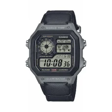 Casio AE-1200WHUB-8AVEF férfi digitális karóra 42,1 mm szürke tokkal, fekete bőr-szövet szíjjal