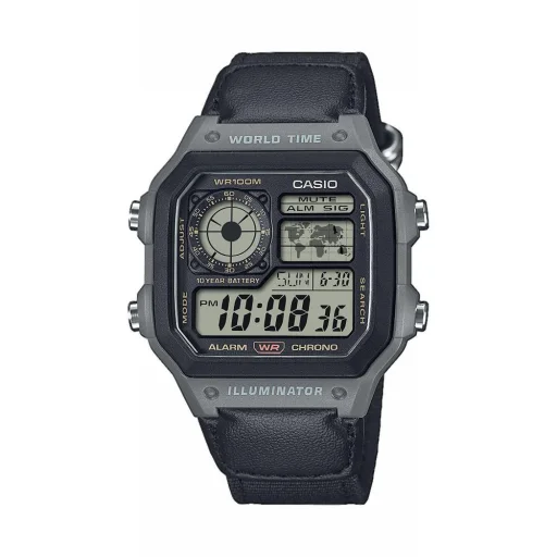 Casio AE-1200WHUB-8AVEF férfi digitális karóra 42,1 mm szürke tokkal, fekete bőr-szövet szíjjal - 1