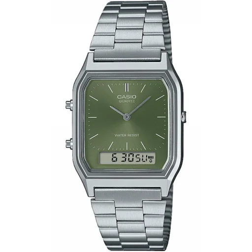 Pánske ana-digi hodinky CASIO AQ-230A-3AMQYES so zeleným ciferníkom a strieborným remienkom, 27,8 mm - 1