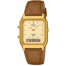Casio AQ-230EGL-9AEF pánske ana-digi hodinky s hnedým koženým remienkom a zlatým ciferníkom