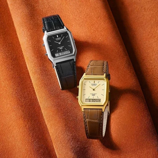 Pánske ana-digi hodinky Casio AQ-230EL-1AEF s čiernym koženým remienkom, 27,8 mm - 3