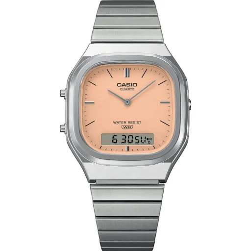Casio AQ-240E-4AEF pánske ana-digi hodinky 35,8 mm s oranžovým ciferníkom, so strieborným remienkom - 2