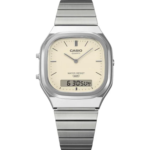 Pánske ana-digi hodinky Casio AQ-240E-7A2EF 35,8 mm v striebornej farbe so žltým ciferníkom - 2