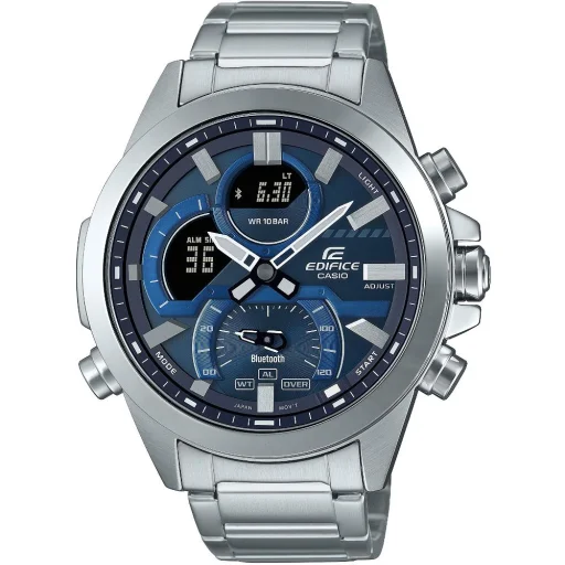 CASIO ECB-30D-2AEF férfi karóra 48,7 mm ezüst nemesacél szíjjal, kék ana-digi számlappal, Bluetooth-szal - 1