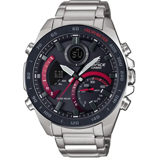 CASIO ECB-900DB-1AER férfi analóg-digitális napelemes karóra, 48 mm, ezüst nemesacél szíj, fekete számlap, Bluetooth - 1