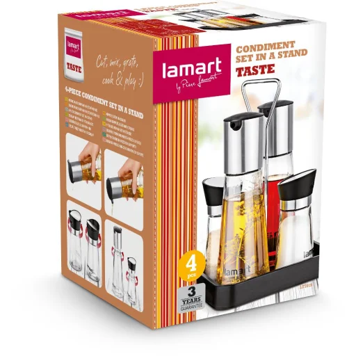 LAMART TASTE LT7019 4 részes fűszertartó készlet állvánnyal, acél/fekete/átlátszó - 6