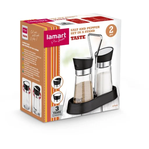 LAMART LT7020 Taste 2 részes fűszertartó készlet állvánnyal, 95 ml, acél/fekete/átlátszó - 6
