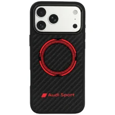 iPhone 18 Pro Max / 17 Pro čierne Audi RSQ karbónové športové puzdro s červeným kruhom, kompatibilné s MagSafe