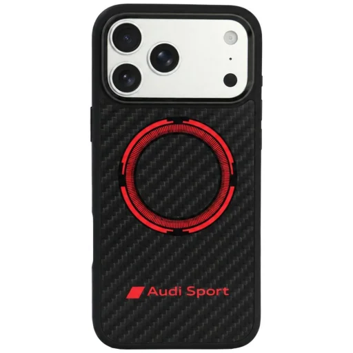 iPhone 18 Pro Max / 17 Pro čierne Audi RSQ karbónové športové puzdro s červeným kruhom, kompatibilné s MagSafe - 1