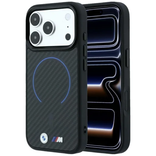 iPhone 18 Pro / iPhone 17 Pro čierne BMW M Carbon Blue Print puzdro s krúžkom a kovovým logom MagSafe - 1