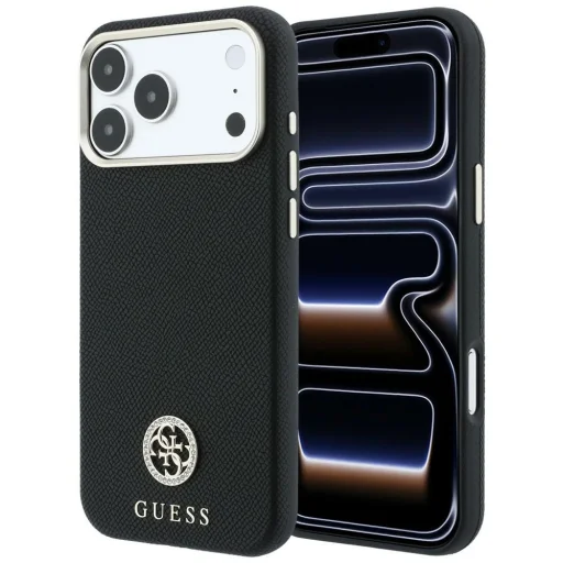 iPhone 18 Pro / 17 Pro zadný kryt – čierny Guess MagSafe kryt so zrnitým vzorom a okrúhlym logom so štrasovými kamienkami - 1