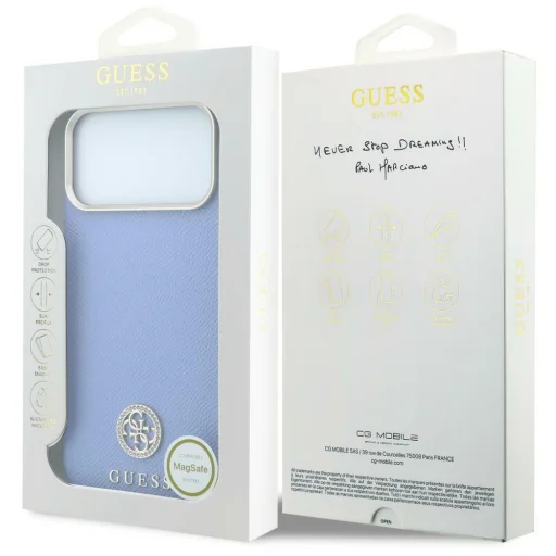 iPhone 18 Pro / 17 Pro Guess MagSafe zadný kryt so zrnitým povrchom a okrúhlym logom so štrasovými kamienkami, modrý - 8