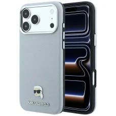 iPhone 18 Pro / 17 Pro zadný kryt – Karl Lagerfeld Grained Karl Head Metal MagSafe, sivý
