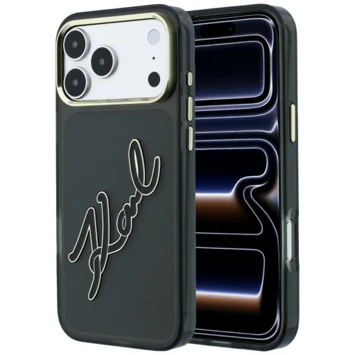 iPhone 18 Pro / 17 Pro puzdro – Karl Lagerfeld IML Big Signature, syntetická živica a kovový rám, čierne - 1