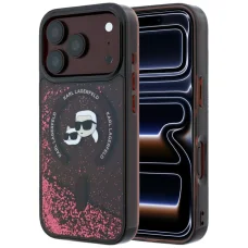 iPhone 18 Pro / 17 Pro bordové puzdro Karl Lagerfeld MagSafe s tekutými flitrami a podobizňou Karla a Choupette