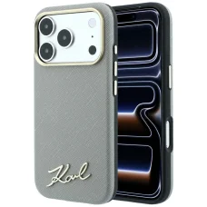 iPhone 18 Pro / iPhone 17 Pro Karl Lagerfeld Saffiano MagSafe puzdro s malým kovovým nápisom loga, béžové