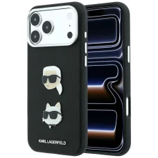 iPhone 18 Pro Max / iPhone 17 Pro Max Karl Lagerfeld Saffiano zadný kryt s motívmi hláv Karla a Choupette, nitmi a logom, čierny