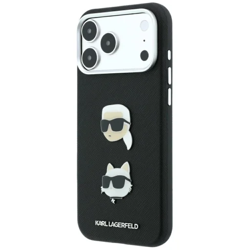 iPhone 18 Pro Max / iPhone 17 Pro Max Karl Lagerfeld Saffiano zadný kryt s motívmi hláv Karla a Choupette, nitmi a logom, čierny - 2