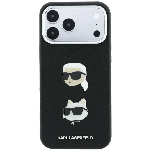 iPhone 18 Pro Max / iPhone 17 Pro Max Karl Lagerfeld Saffiano zadný kryt s motívmi hláv Karla a Choupette, nitmi a logom, čierny - 3