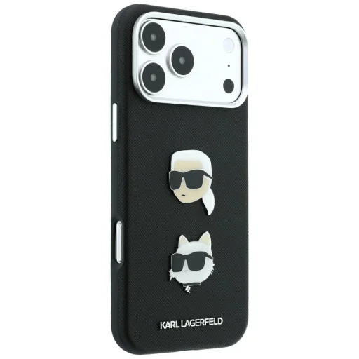 iPhone 18 Pro Max / iPhone 17 Pro Max Karl Lagerfeld Saffiano zadný kryt s motívmi hláv Karla a Choupette, nitmi a logom, čierny - 4