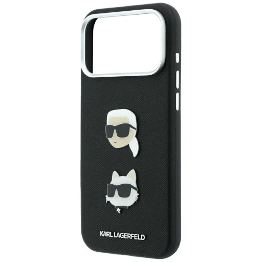 iPhone 18 Pro Max / iPhone 17 Pro Max Karl Lagerfeld Saffiano zadný kryt s motívmi hláv Karla a Choupette, nitmi a logom, čierny - 6