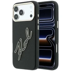 Čierny kryt Karl Lagerfeld pre iPhone 18 Pro Max / iPhone 17 Pro Max s hladkým povrchom a veľkým živicovým logom s podpisom