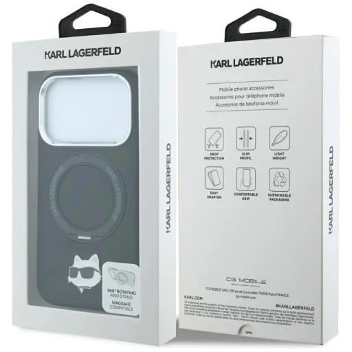 iPhone 18 Pro / 17 Pro čierny Karl Lagerfeld zadný kryt s hlavou Choupette MagSafe s prstencovým stojanom otočným o 360° - 8