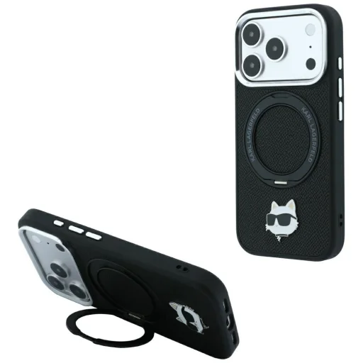 iPhone 18 Pro / 17 Pro čierny Karl Lagerfeld zadný kryt s hlavou Choupette MagSafe s prstencovým stojanom otočným o 360° - 1