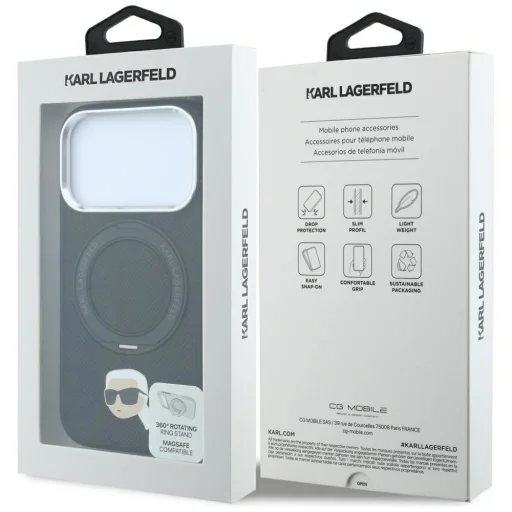 Čierny Karl Lagerfeld Karl Head Pin MagSafe zadný kryt pre iPhone 18 Pro / iPhone 17 Pro s 360° prstencovým stojanom - 8