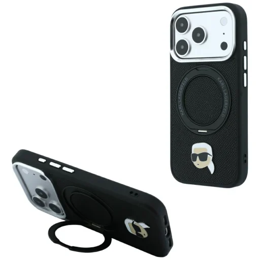 Čierny Karl Lagerfeld Karl Head Pin MagSafe zadný kryt pre iPhone 18 Pro / iPhone 17 Pro s 360° prstencovým stojanom - 1