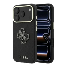 Čierne puzdro Guess so zrnitou textúrou a veľkým živicovým logom pre iPhone 18 Pro Max a iPhone 17 Pro Max