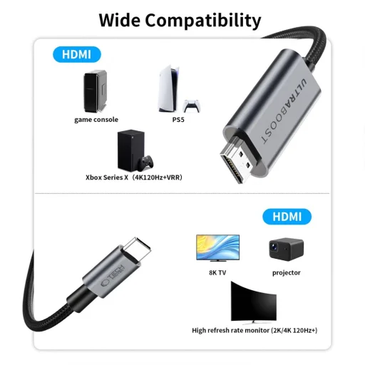 Tech-Protect UltraBoost USB-C – HDMI 2.1 kábel, 8K, 60 Hz, 300 cm, sivý - 7