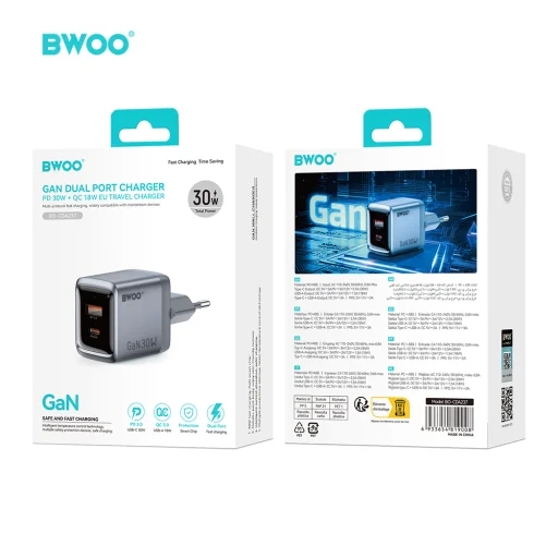 BWOO BO-CDA237 30 W GaN sieťová nabíjačka s konektorom USB-C a USB-A, sivá - 5