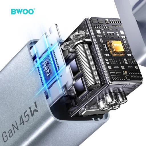 BWOO BO-CDA238 45W GaN USB-C sieťová nabíjačka s podporou PD a PPS, sivá - 3