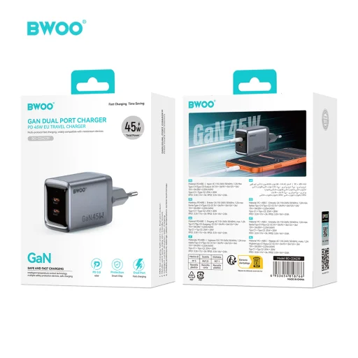 BWOO BO-CDA239 45 W GaN sieťová nabíjačka s dvoma portmi USB-C, sivá - 5