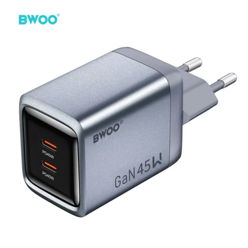 BWOO BO-CDA239 45 W GaN sieťová nabíjačka s dvoma portmi USB-C, sivá - 1