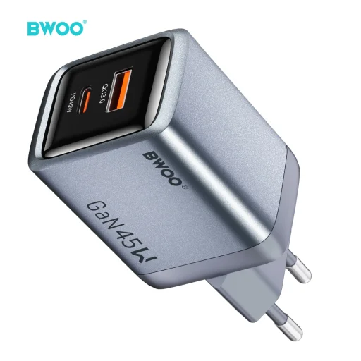 BWOO BO-CDA240 45 W GaN sieťová nabíjačka, USB-C a USB-A, sivá - 2