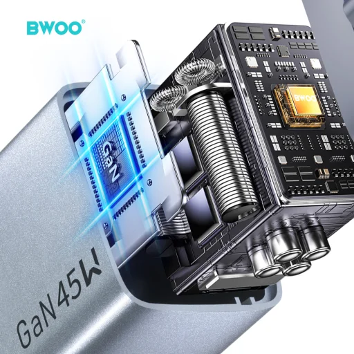 BWOO BO-CDA240 45 W GaN sieťová nabíjačka, USB-C a USB-A, sivá - 3