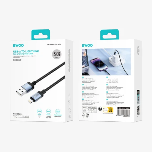 BWOO BO-X401L pletený USB-A–Lightning nabíjací a dátový kábel, 1 m, 3 A, čierny - 3